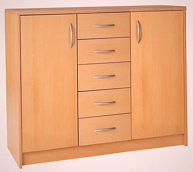 Kommode Sideboard Highboard Schrank Anrichte mit 2 Türen 5 Schubladen Buche