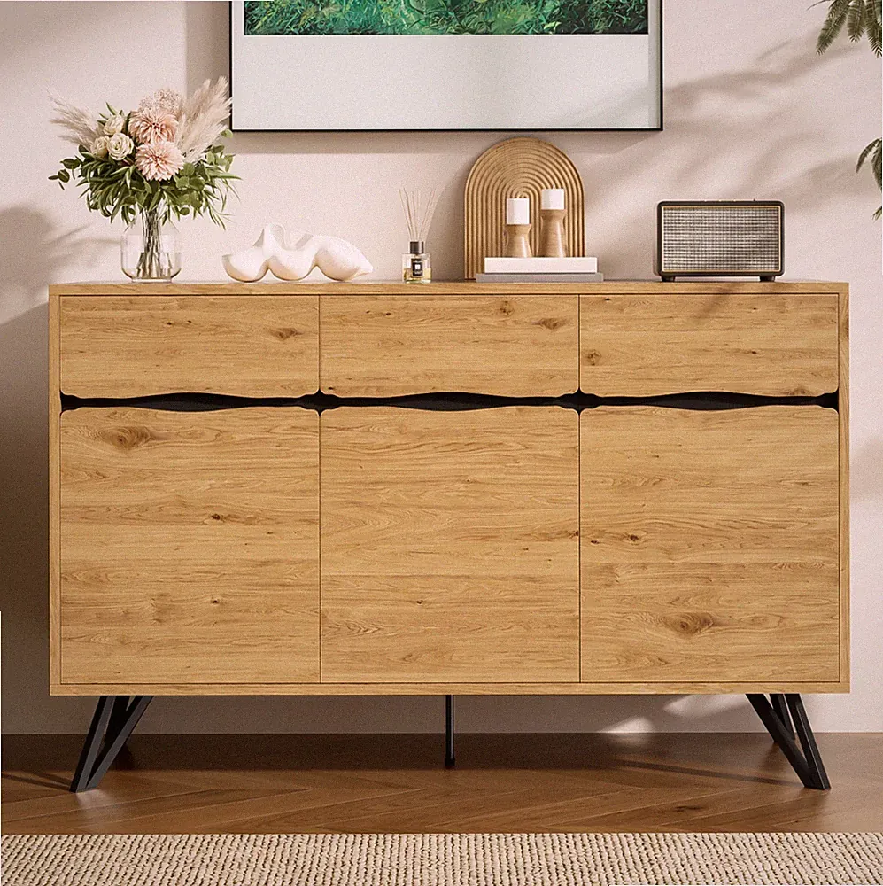 Kommode Sideboard Holz schrank Anrichte Holzoptik mit 3-Türen Metallbeinen 140cm