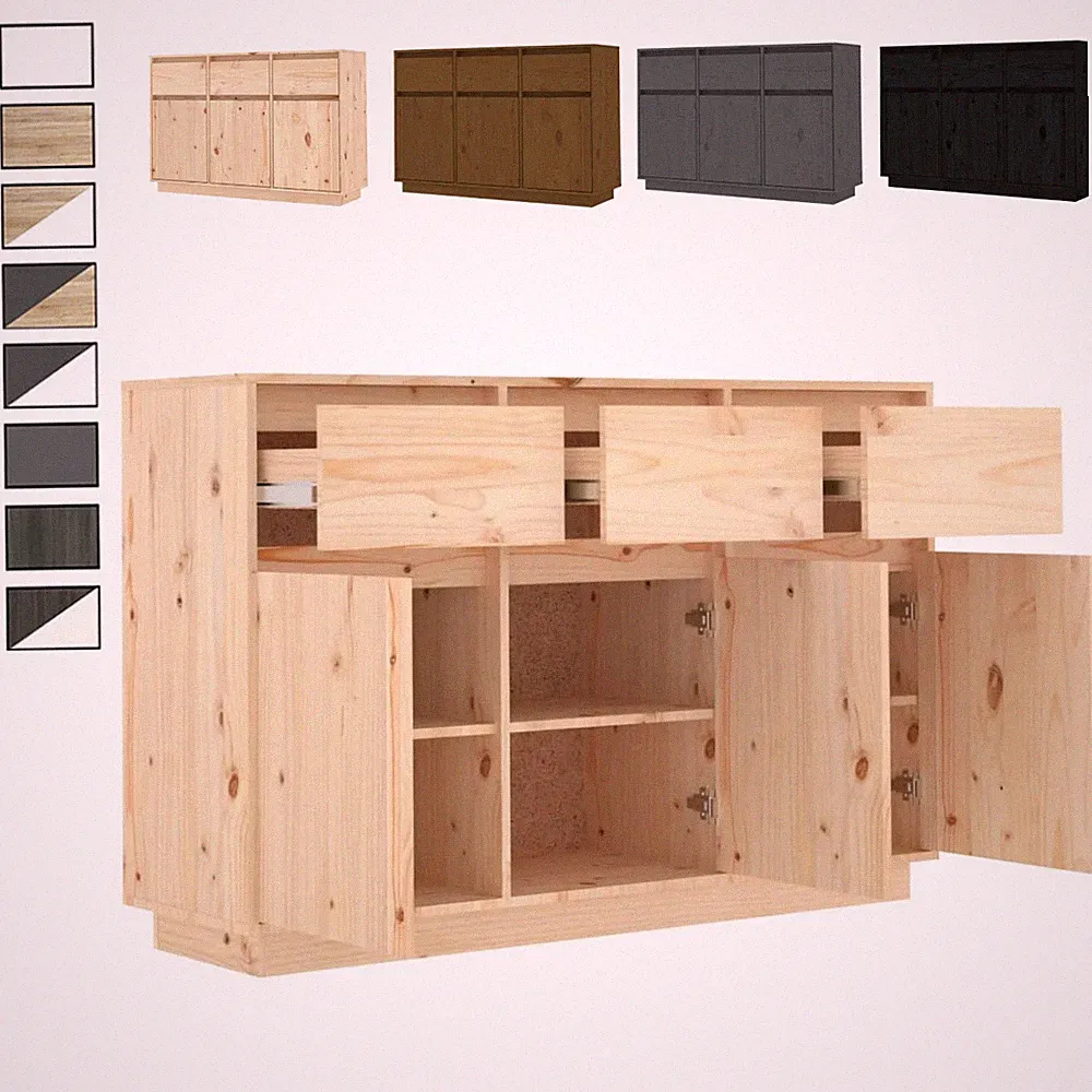 Kommode Sideboard Massiv Holz Mehrzweckschrank 3 Schubladen & 6 Fächer Highboard