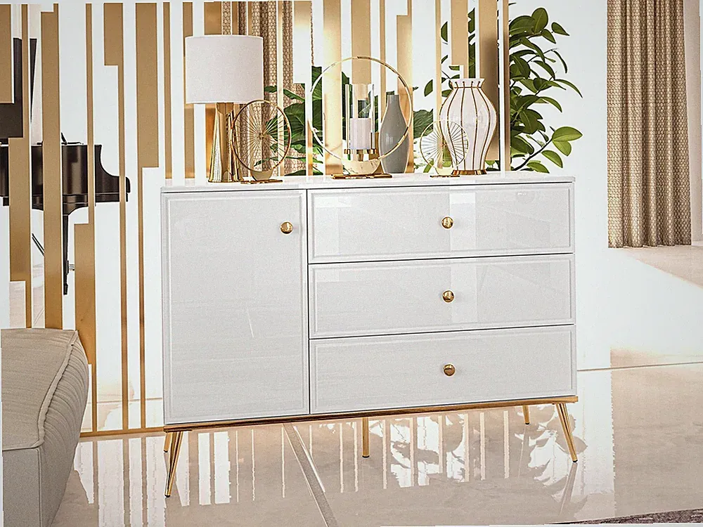 Kommode Sideboard Mehrzweckschrank , Farbe: weiß Hochglanz / Gold Breite 120 cm