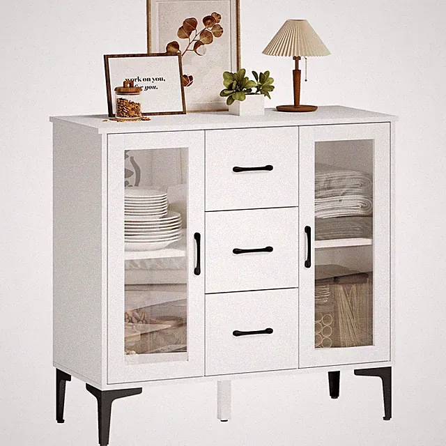 Kommode Sideboard mit 3 Schubladen 2 Glastüren verstellbaren Regalen ，refurbishe