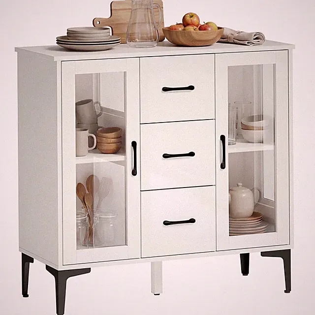 Kommode Sideboard mit 3 Schubladen 2 Glastüren verstellbaren Regalen Weiß