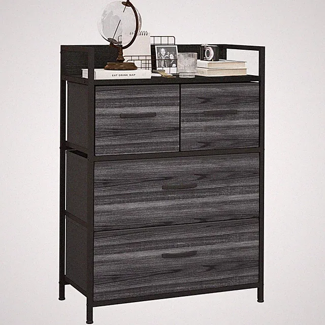 Kommode, Sideboard mit 4 Faltbaren Schubladen aus Stoff, Regal und Griff Schwarz