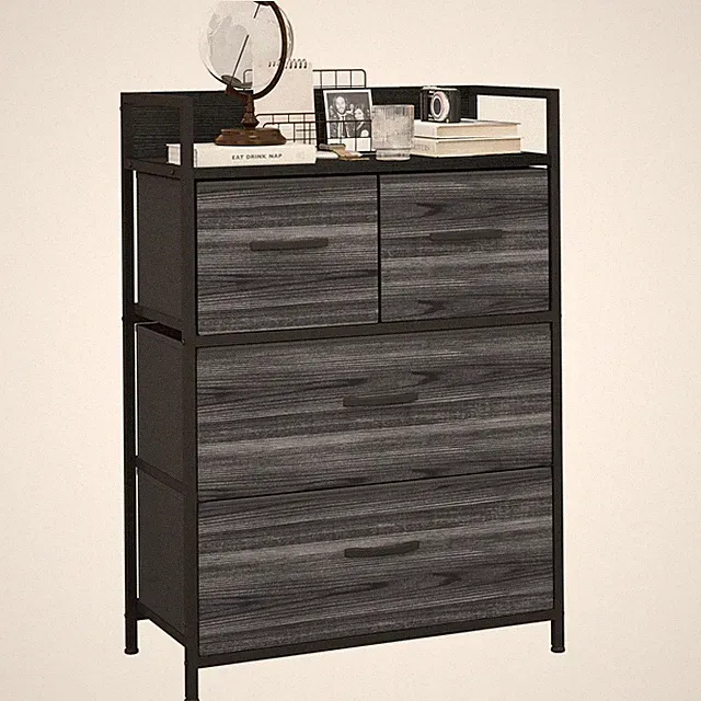 Kommode, Sideboard mit 4 Faltbaren Schubladen aus Stoff, Regal und Griff Schwarz