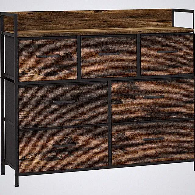 Kommode, Sideboard mit 7 Faltbaren Schubladen aus Stoff, Griff und Regal, Braun