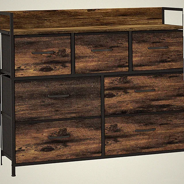 Kommode, Sideboard mit 7 Faltbaren Schubladen aus Stoff, Griff und Regal, Braun