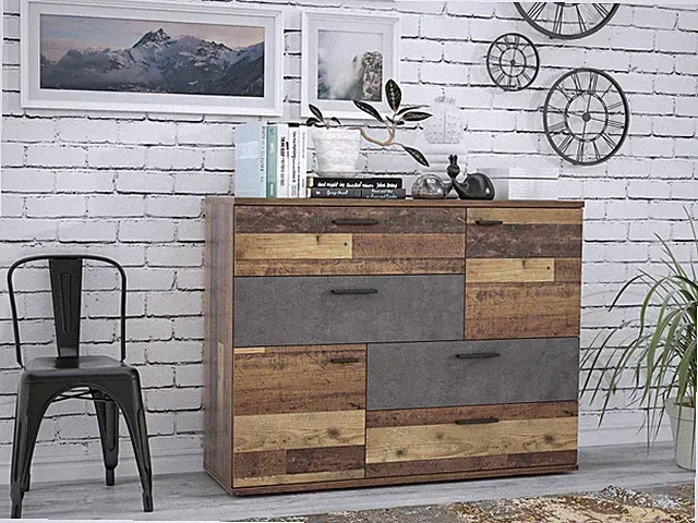 Kommode Sideboard SKIVE Optik Old Wood Vintage / Betonoptik dunkelgrau
