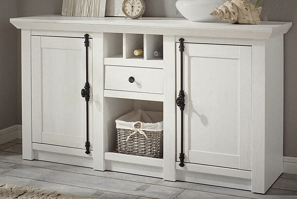 Kommode Sideboard weiß Pinie Landhaus Flaschenregal Wohn- Esszimmer Hooge 150 cm
