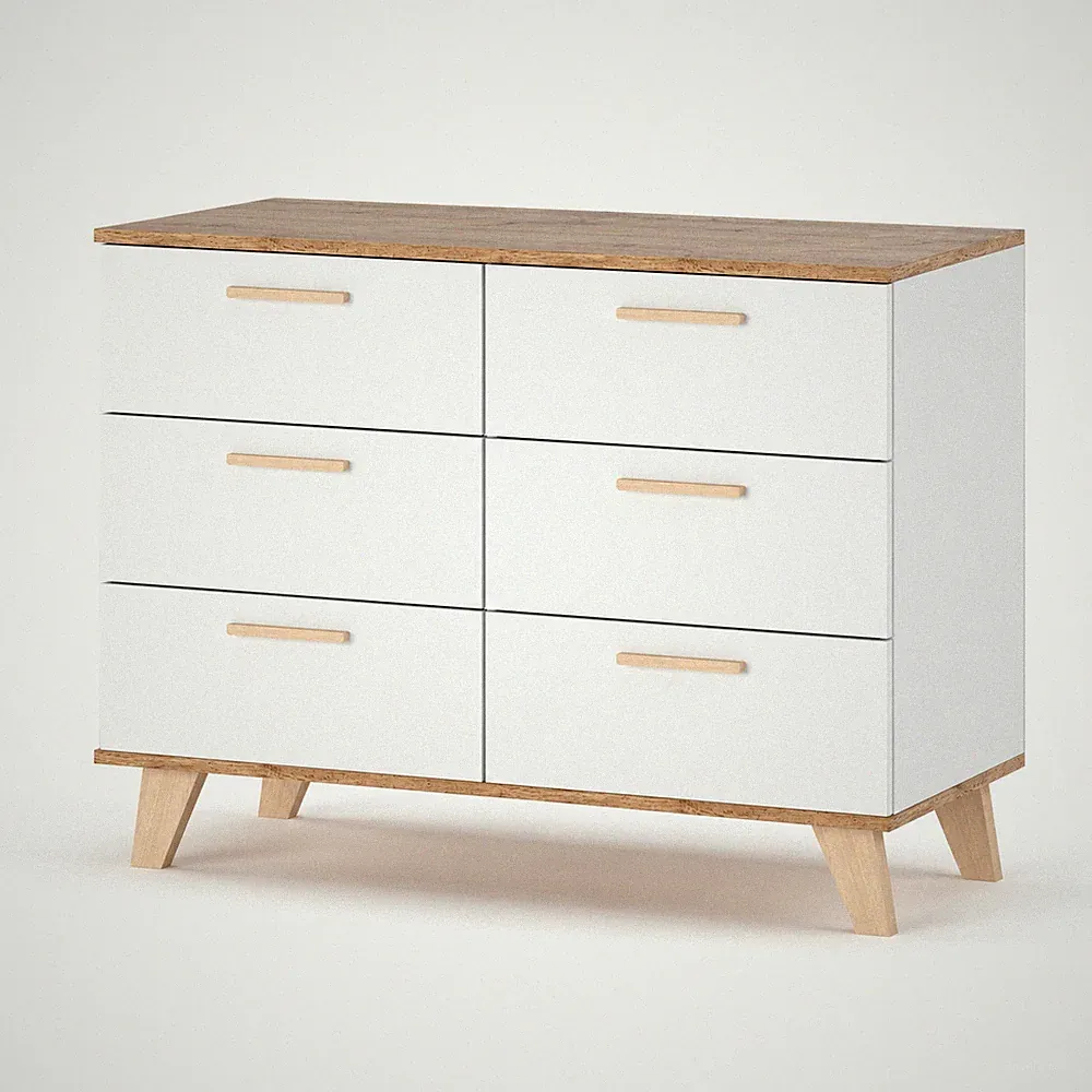 Kommode Skandinavisch OSLO Weiß / Wotan 100 cm Sideboard 6 Schubladen