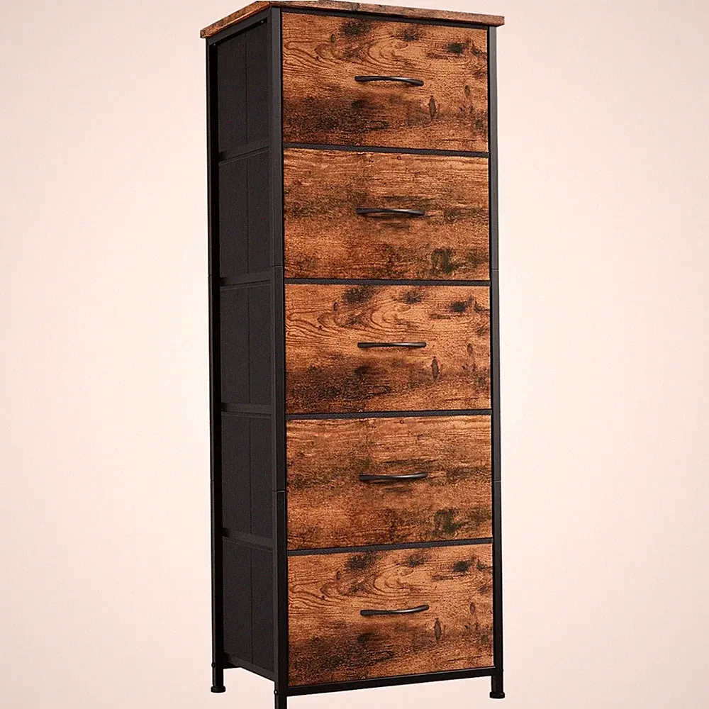 Kommode Stoff 5 Schubladen Holzmaserung Aufbewahrung Schlafzimmer Wohnzimmer