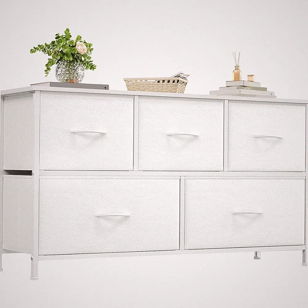 Kommode, Stoffkommode, Schubladenschrank, Aufbewahrung, modern, weiß, 5 Schub...