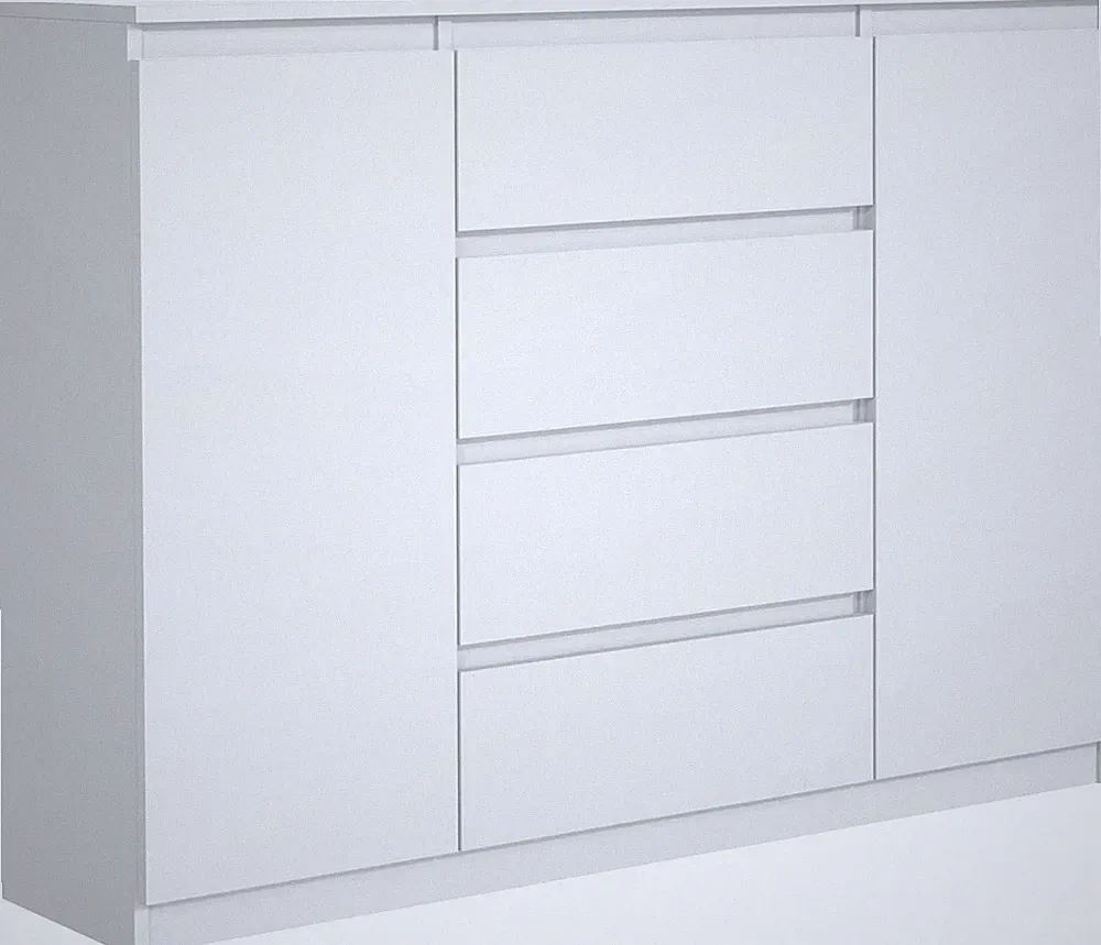 Kommode Weiss Matt mit 4 Schubladen und 2 Türen 140 cm, Sideboard Wohnzimmer