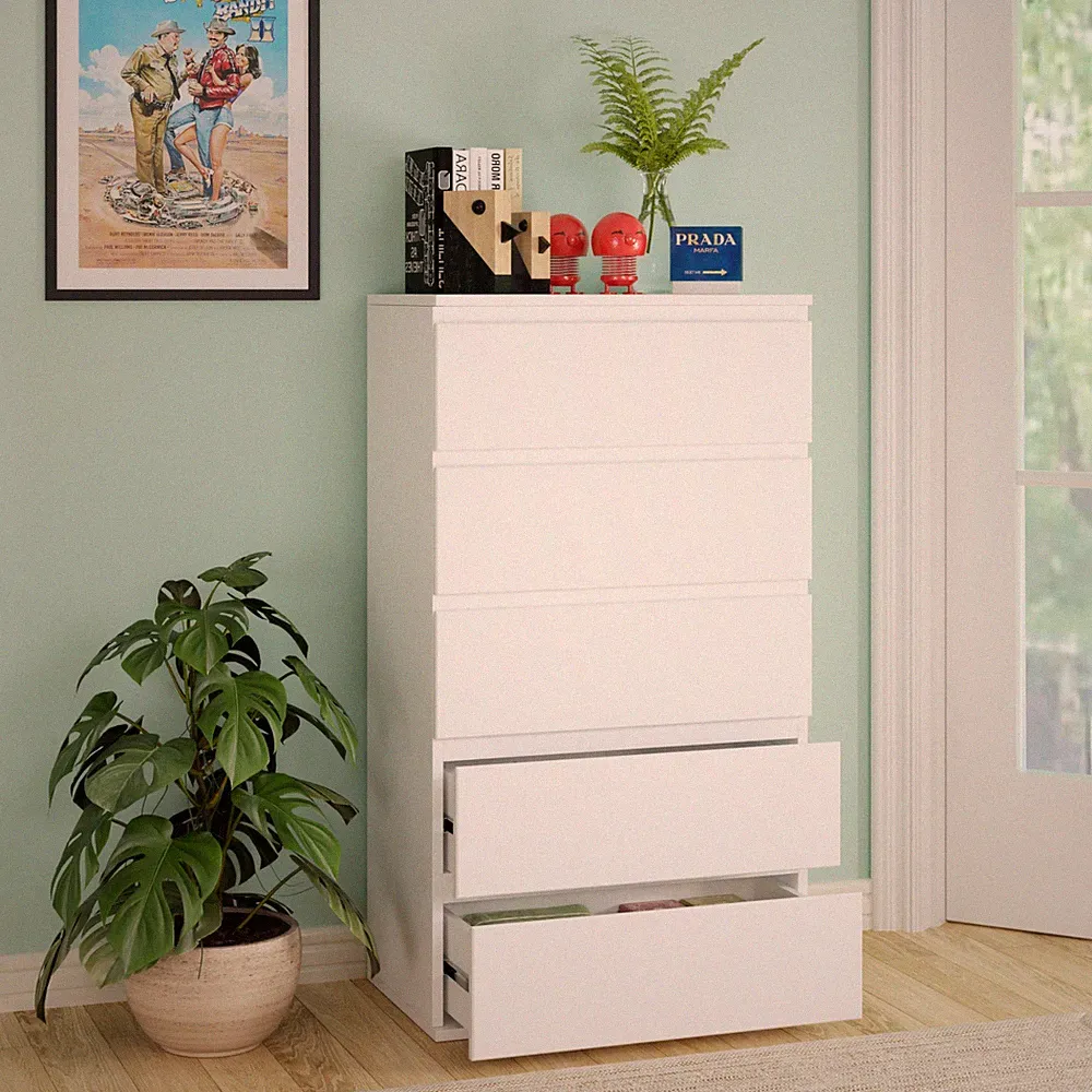 Kommode weiß mit 5 Schubladen Kommodenschrank für Schlafzimmer Modern55x33x100cm