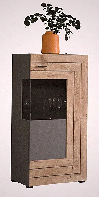 Kommode Wohnzimmerschrank Vitrine klein Standschrank Eiche LED grau matt Freno