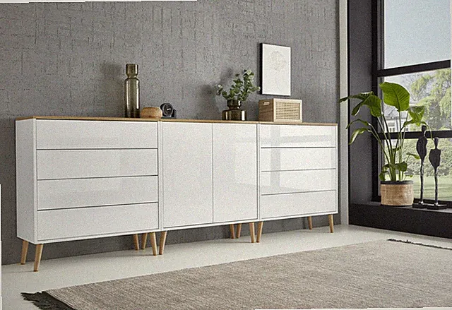 Kommoden Sideboard Set Mailand 4, grifflos, Holzfüße, Weiß/Artisan - Weiß Glanz