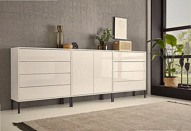 Kommoden Sideboard Set Mailand 4, grifflos, Metallfüße, verschiedene Farben