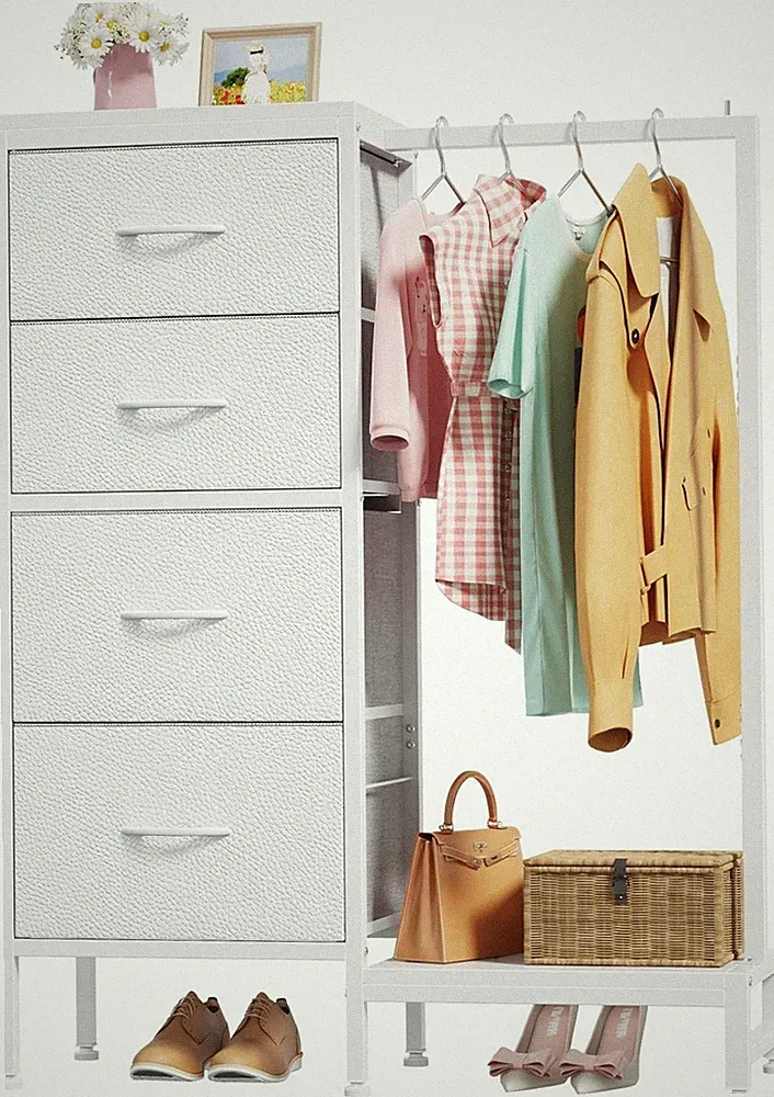 Kommodenschrank mit 4 Stoffschubladen, Kleiderstange, Weiß, 111cm hoch