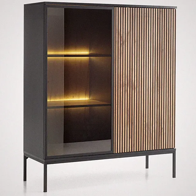 komodee Highboard Vitrine Laval WT104 2 Türen Schwarz Eiche Wotan für Wohnzimmer