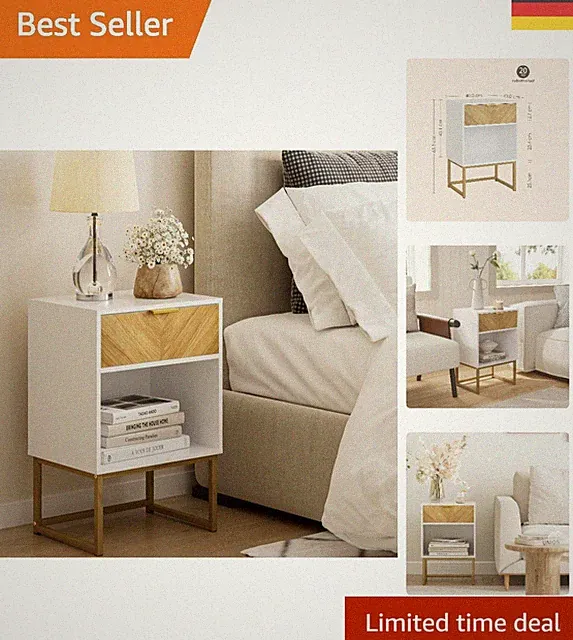 Kompakter Sofa-Beistelltisch in Weiß mit offenem Fach und Schublade – 40 x 40 cm