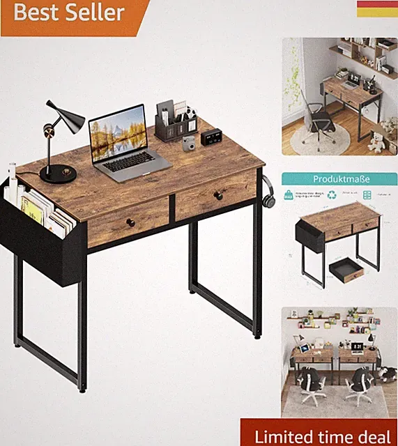 Kompakter Vintage Schreibtisch für Büro mit 2 Schubladen - Stabil und Praktisch