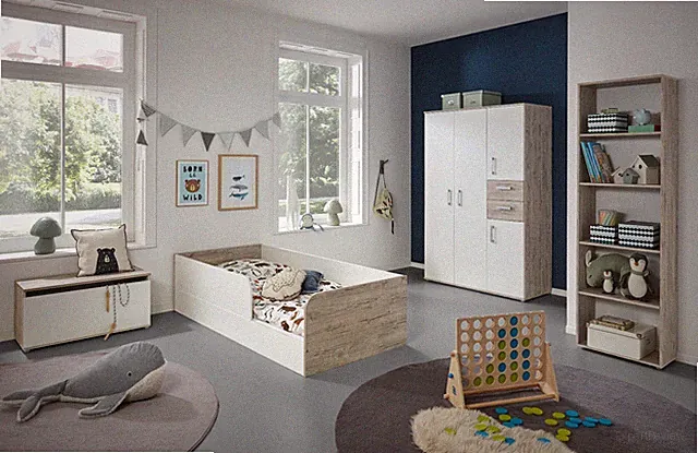 Komplett Kinderzimmer Set 4-teilig – Bodenbett 90x200, Schrank, Regal, Truhe