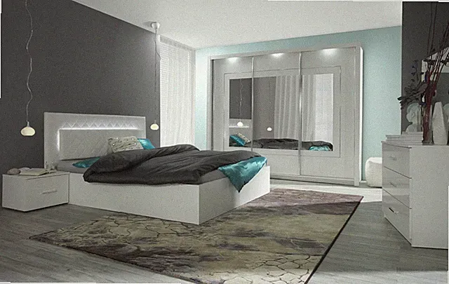 Komplett Schlafzimmer Hochglanz Weiß mit LED Bett, Schrank, 2 x Nako + KOMMODE