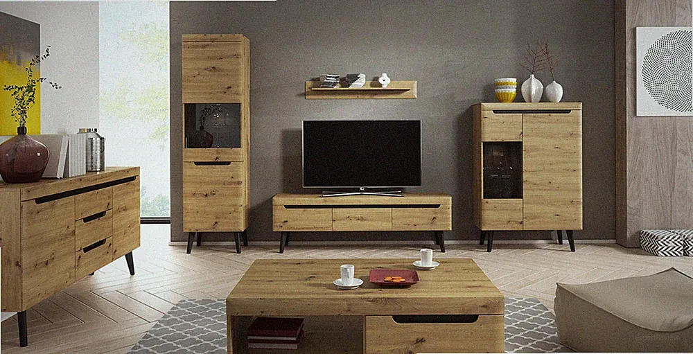Wohnzimmer Komplett ALTA, Eiche, Lowboard, Vitrine, Couchtisch, Kommode Qualität