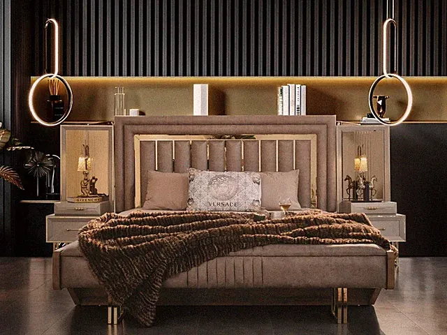 Komplette Schlafzimmermöbel Doppelbett Bett Nachttische Beige 3tlg