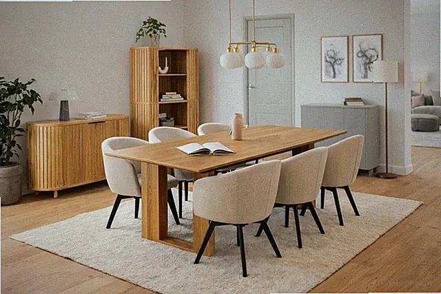 Komplettes Esszimmer-Set – Tisch 210 cm mit Stühlen & Stauraummöbeln