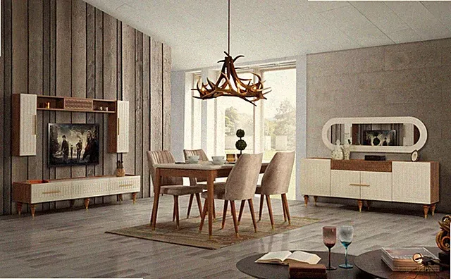 Komplettes Wohnzimmer Set + Esszimmer Garnitur Tisch Regal Kommode 6tlg.
