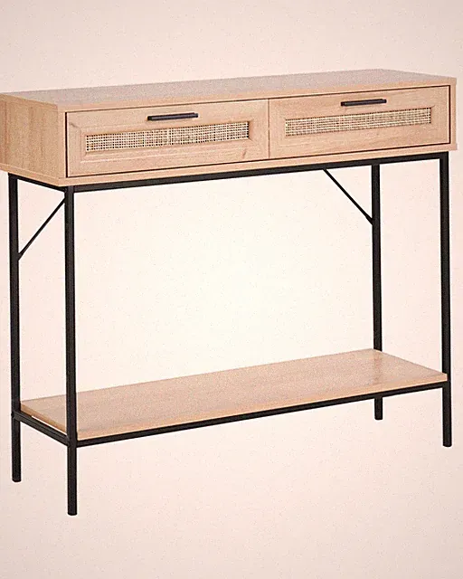 Konsolentisch 3 Rattan-Schubladen heller Holzfarbton schwarze Metallbeine Pasco