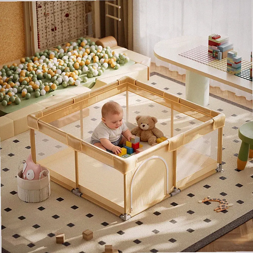 Koonmi Baby-Laufstall 150 X 180 Cm, Faltbares Laufgitter Beige
