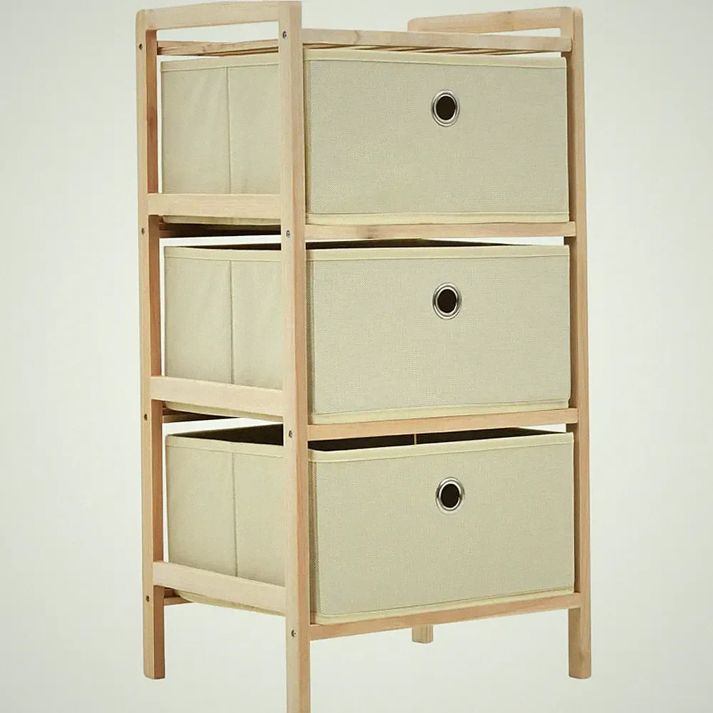 Korb-Kommode Kommode Sideboard Schrank 3 Stoffkörbe Zedernholz Beige Wohnmöbel
