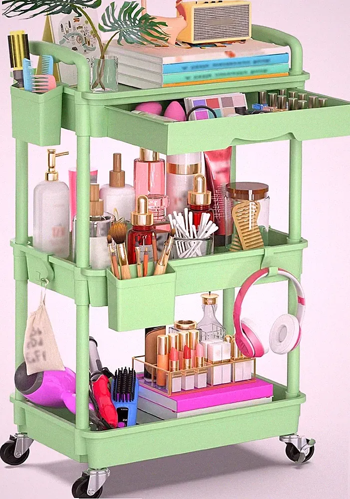 Kosmetik Organizer Rollwagen Regal mit Schublade 3 Ebenen Aufbewahrung Grün