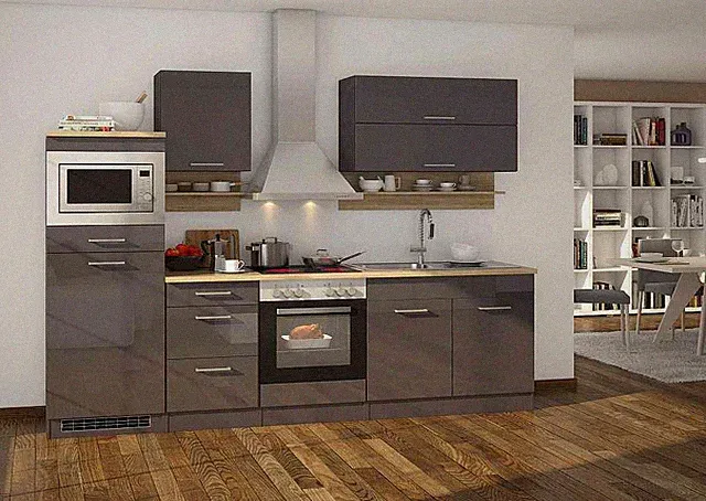 Küchenblock Mailand 270 cm grau hochglanz mit Elektrogeräten und Edelstahlspüle