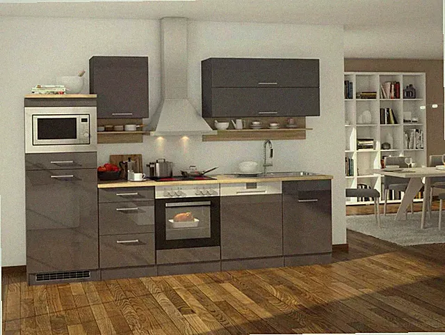 Küchenblock Mailand 280 cm grau hochglanz mit Elektrogeräten und Edelstahlspüle