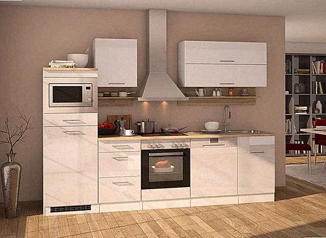 Küchenblock Mailand 280 cm weiß hochglanz mit Elektrogeräten und Edelstahlspüle