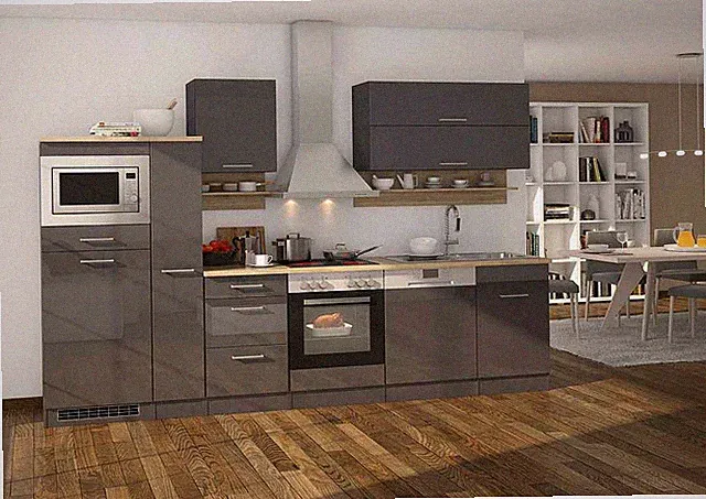 Küchenblock Mailand 310 cm grau hochglanz mit Elektrogeräten und Edelstahlspüle