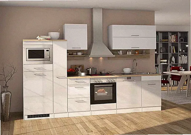 Küchenblock Mailand 310 cm weiß hochglanz mit Elektrogeräten und Edelstahlspüle