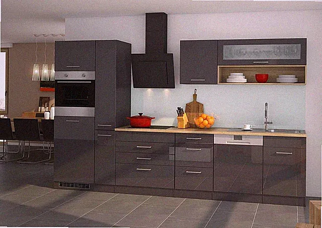 Küchenblock Mailand 330 cm grau hochglanz mit Elektrogeräten und Edelstahlspüle