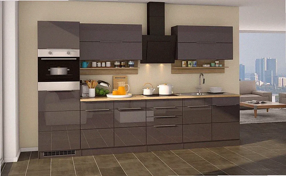 Küchenblock Neapel 320 cm grau hochglanz mit Geräten und Edelstahlspüle