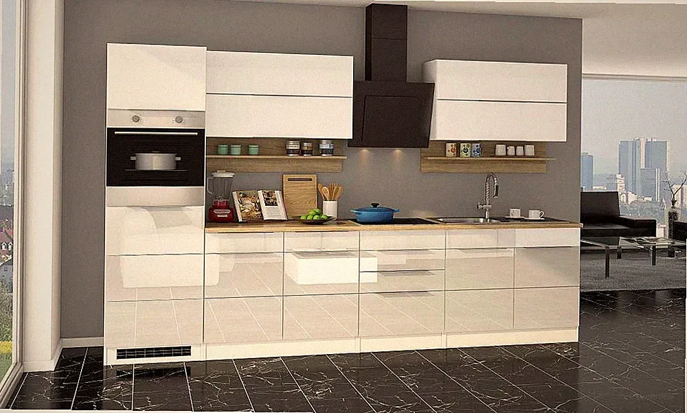 Küchenblock Neapel 320 cm weiß hochglanz mit Geräten und Edelstahlspüle