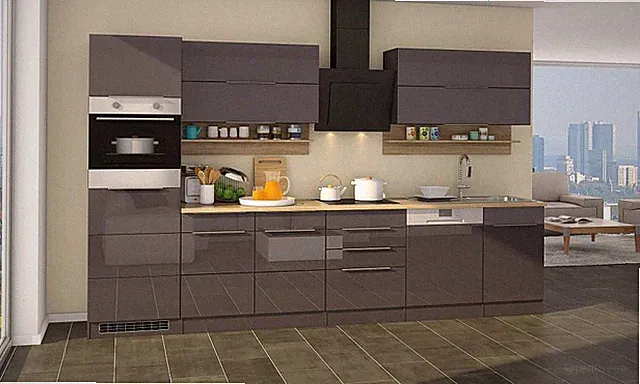 Küchenblock Neapel 330 cm grau hochglanz mit Geräten und Edelstahlspüle