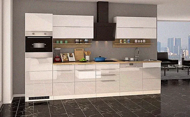 Küchenblock Neapel 330 cm weiß hochglanz mit Geräten und Edelstahlspüle