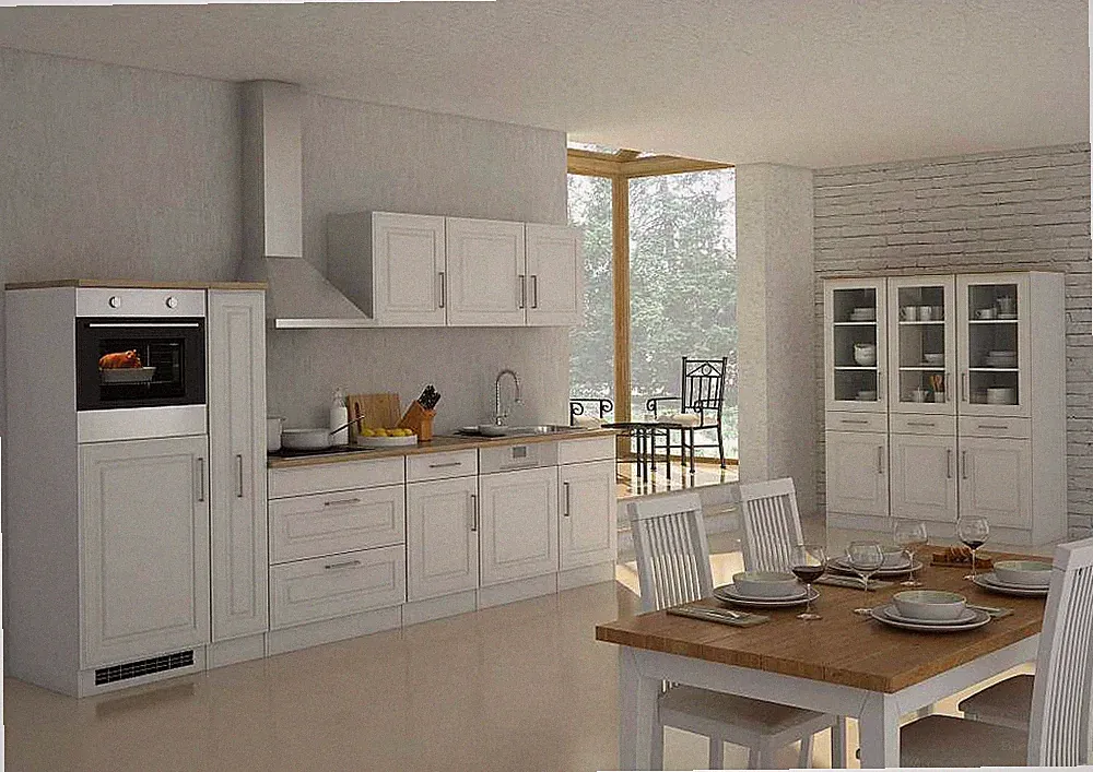 Küchenblock Rom 330 cm im Landhaus Stil weiß matt mit Geräten und Edelstahlspüle