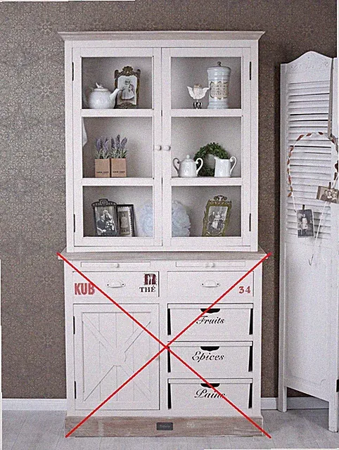 Küchenbuffet Oberteil Anrichte Shabby Chic Vitrine weiß Glastüren Holzoberteil