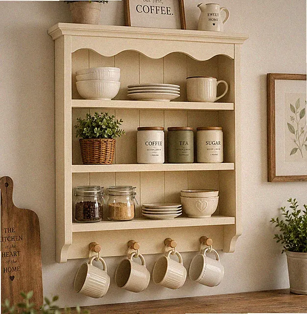 Küchenregal mit 4 Haken | Wandregal aus Massivholz | Landhausstil | Farmhouse