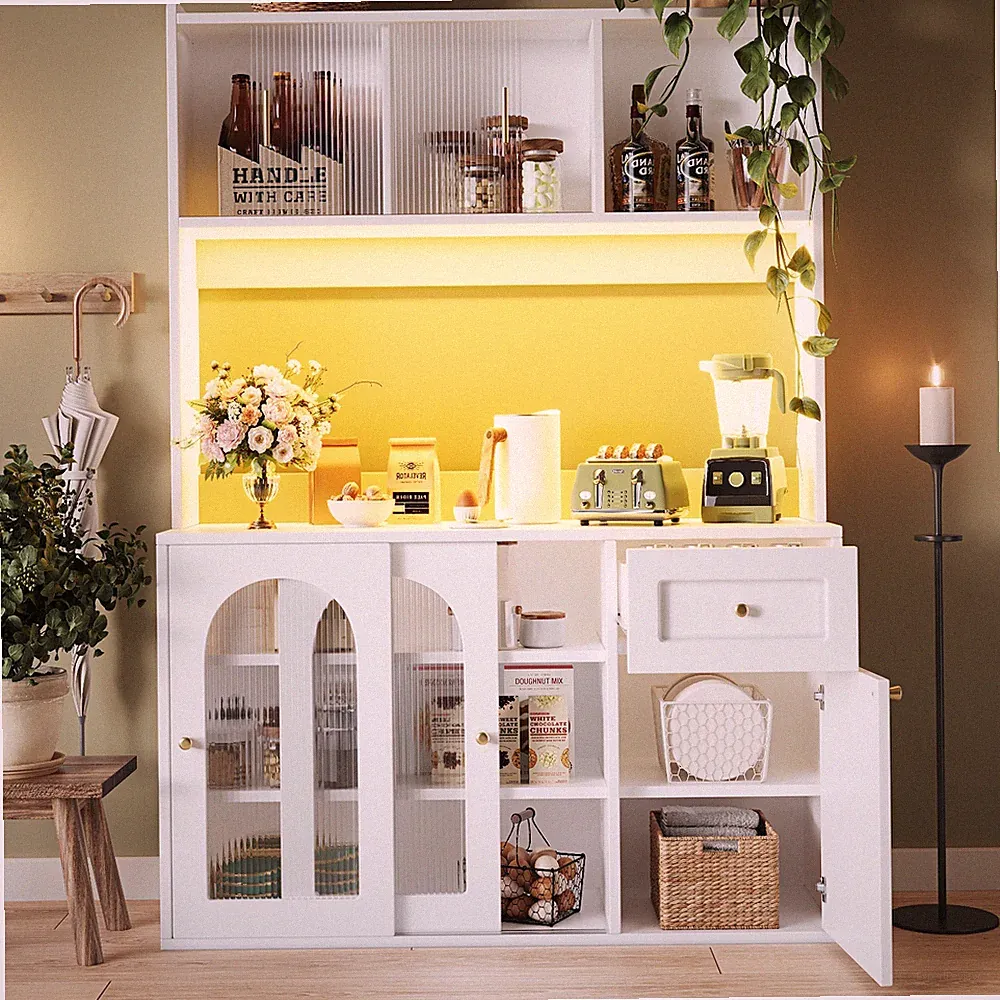 Küchenschrank Hochschrank Vitrine Buffetschrank m/ LED-Beleuchtung Landhaus Weiß