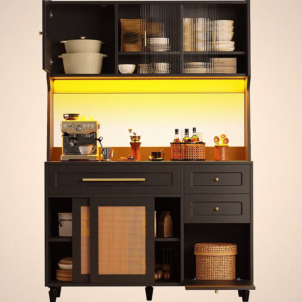 Küchenschrank Hochschrank Vitrine Buffetschrank mit LED-Beleuchtung Rattan Türen