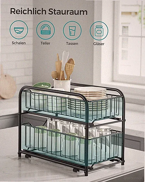 Küchenschrank Organizer, 2 Ebenen, stapelbar, erweiterbar, Metallkörbe, schwarz.